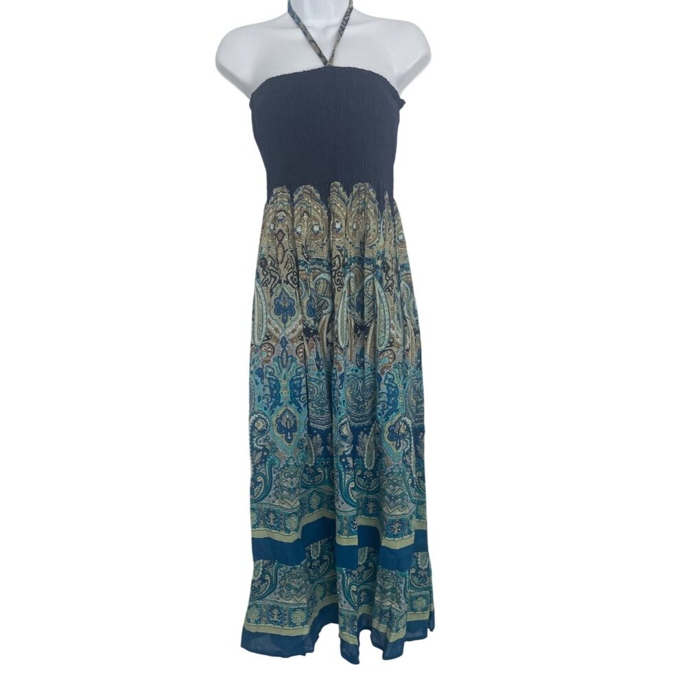 Earthbound Trading Co Boho Navy & Paisley Halter Maxi Dress Smocked Bodice